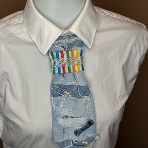 Unique Denim Patchwork Tie with Colorful Accents